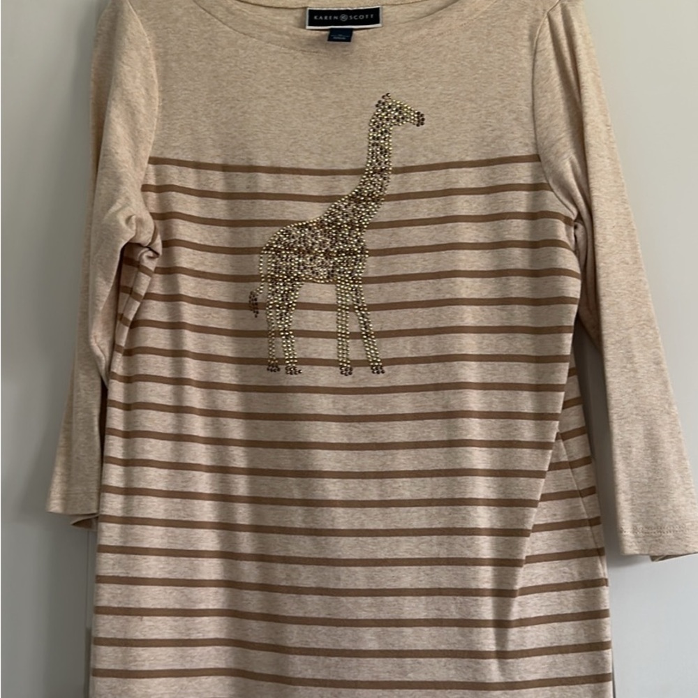 Karen Scott Beige Striped Giraffe Long Sleeve Tee